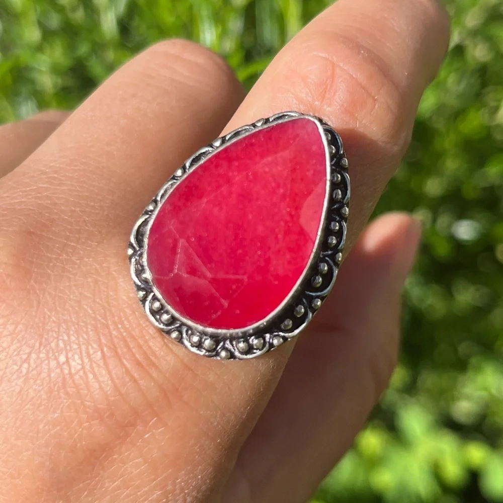 Size 9 925 silver plated‎ hot pink simulated ruby ring